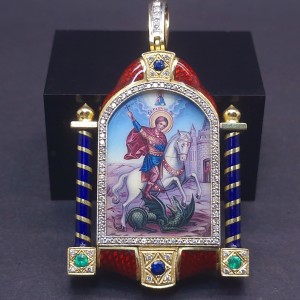 Golden icon with diamonds and colored stones