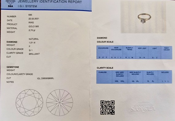 Белое золотое кольцо с бриллиантом  F/SI1   1.01ct